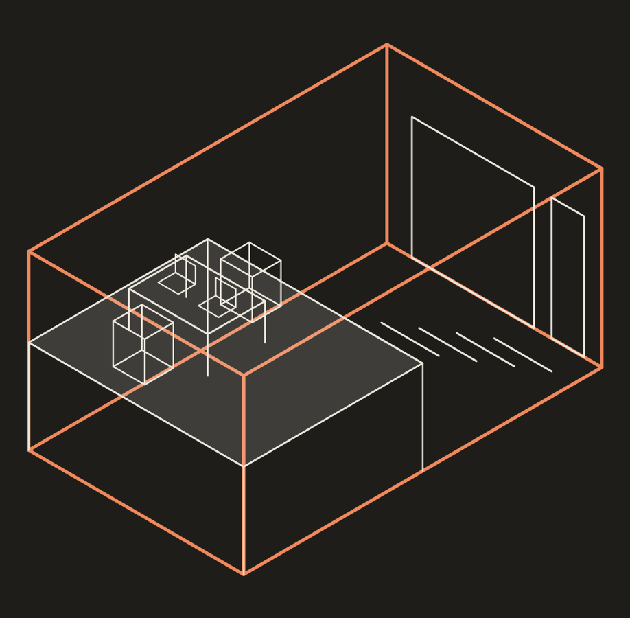 Cutaway diagram of a unit with an office mezzanine deck over the rear half