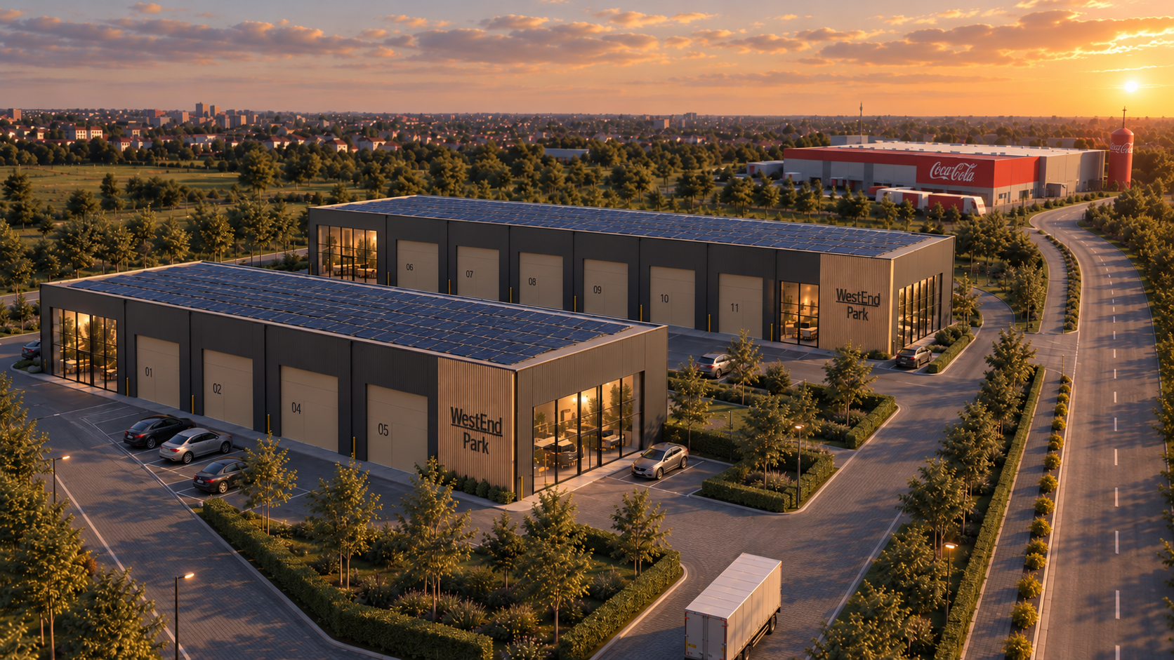 Aerial render of WestEnd Park at sunset with Coca-Cola facility in the background
