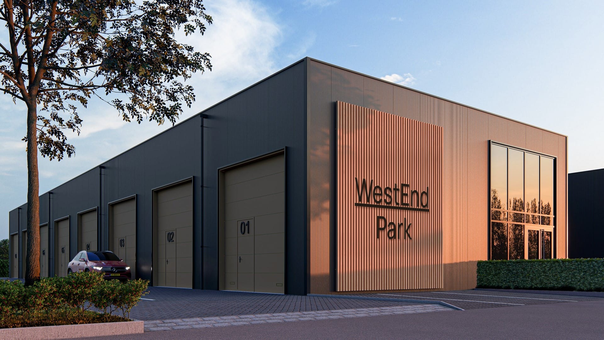 Corner view of WestEnd PARK light-industrial units with W branding and numbered garage doors