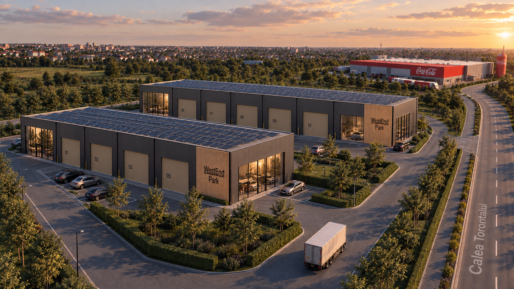 Sunset aerial render of WestEnd Park with both buildings beside Calea Torontalului