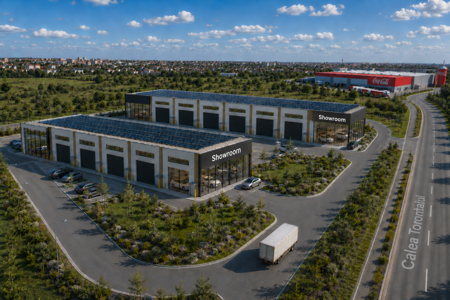 Aerial render of WestEnd Park with showroom entrances beside Calea Torontalului