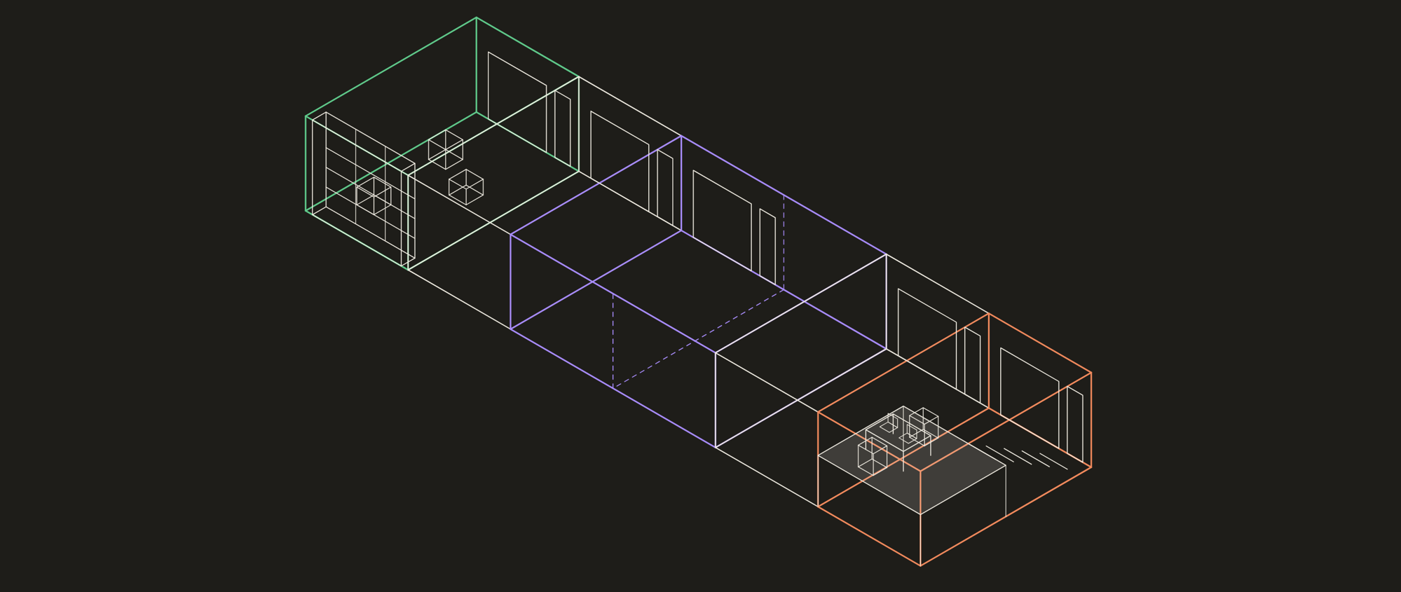 Isometric cutaway of a row of light-industrial units showing storage racking, merged bays and a mezzanine deck