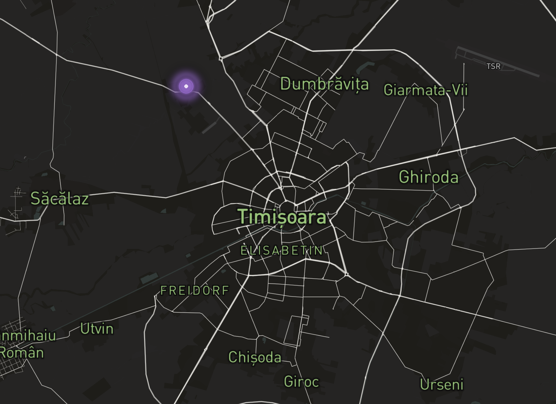 Map of Timișoara showing the WestEnd Park location near Dumbrăvița