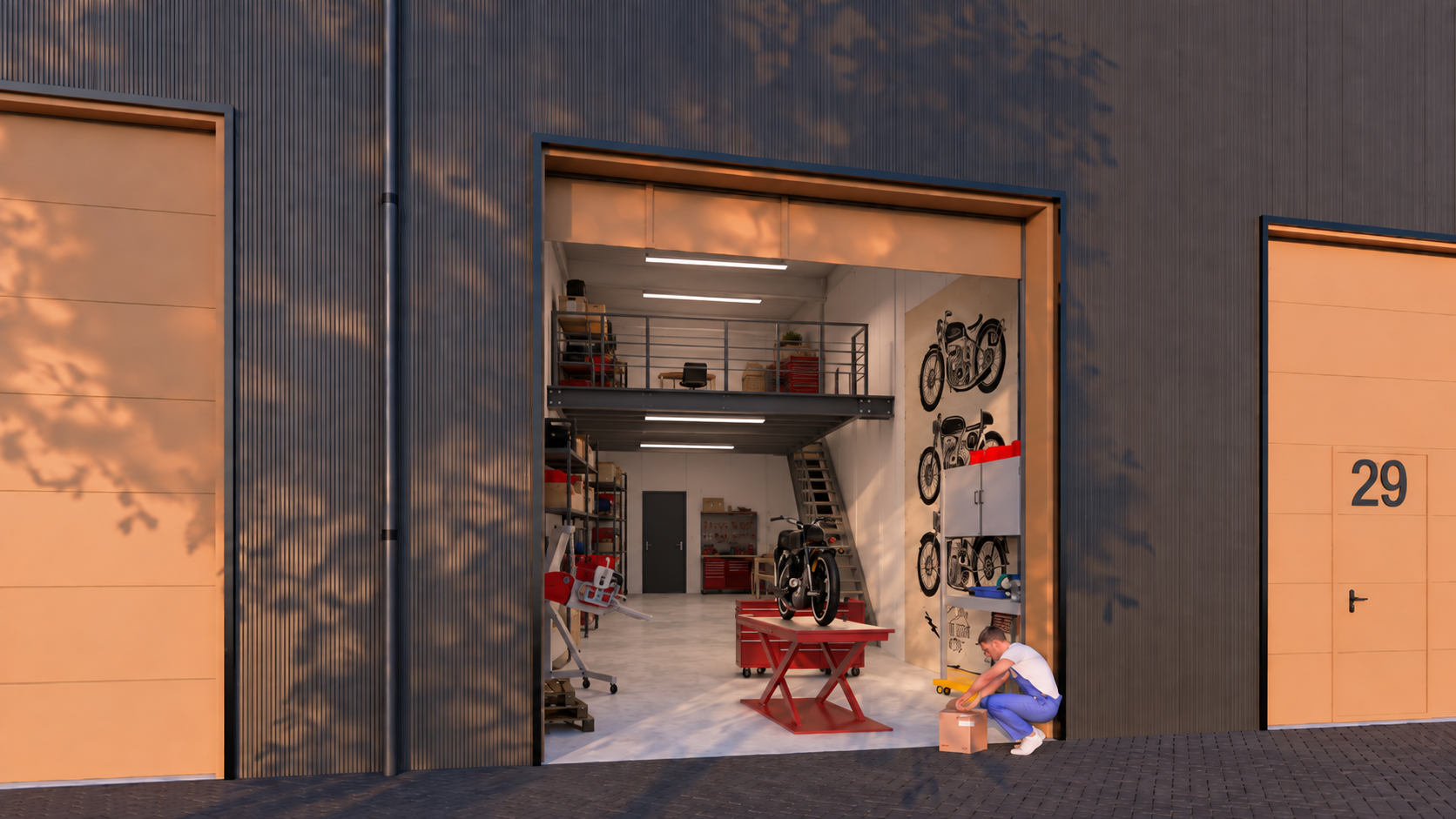 Light-industrial unit in use as a motorcycle workshop, with mezzanine office above