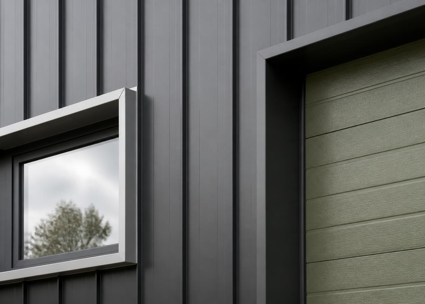 Facade detail: metal cladding, window reveal and overhead door